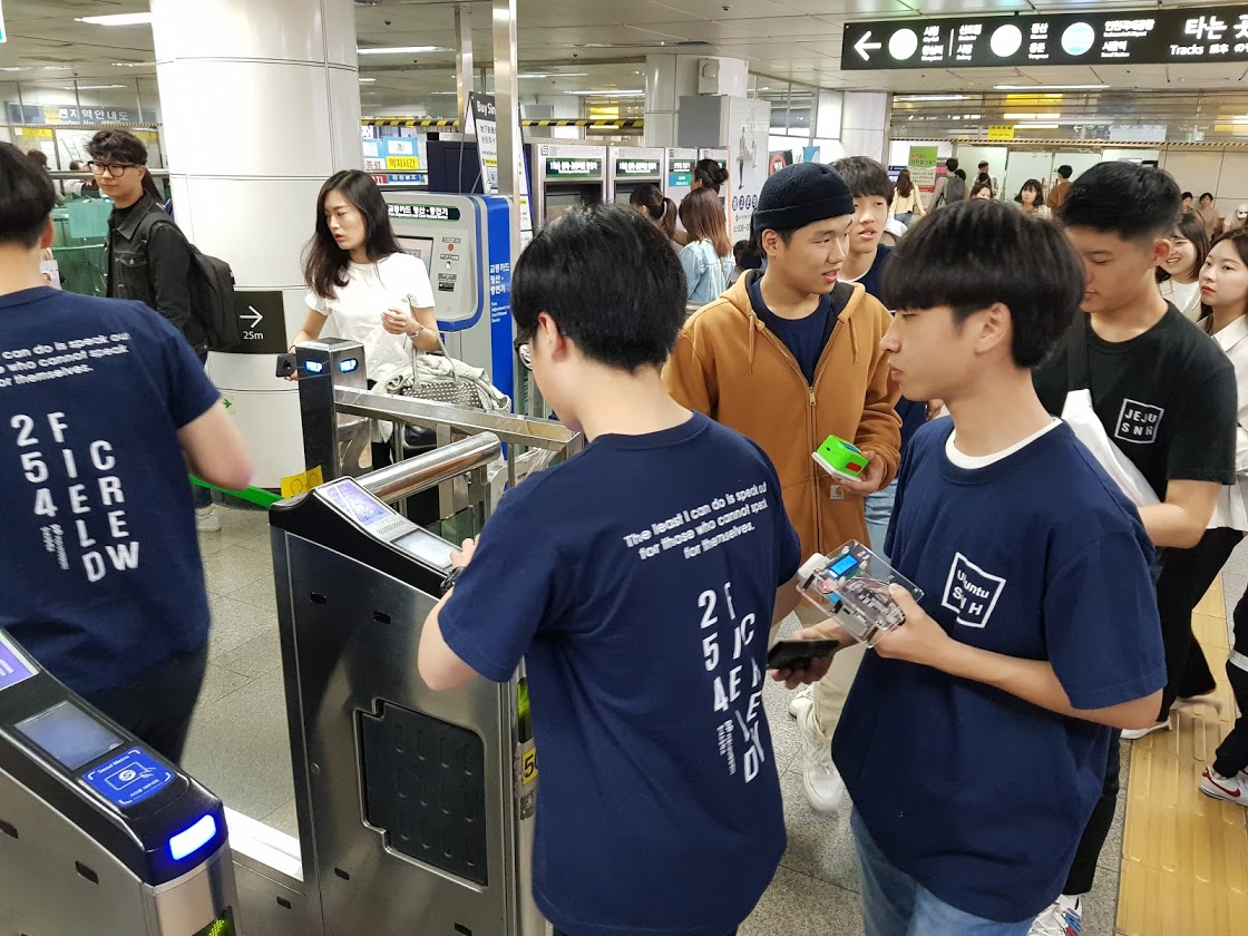 Photos: Senior Students from SongNae High School measuring PM levels in the subway stations in Seoul, S. Korea